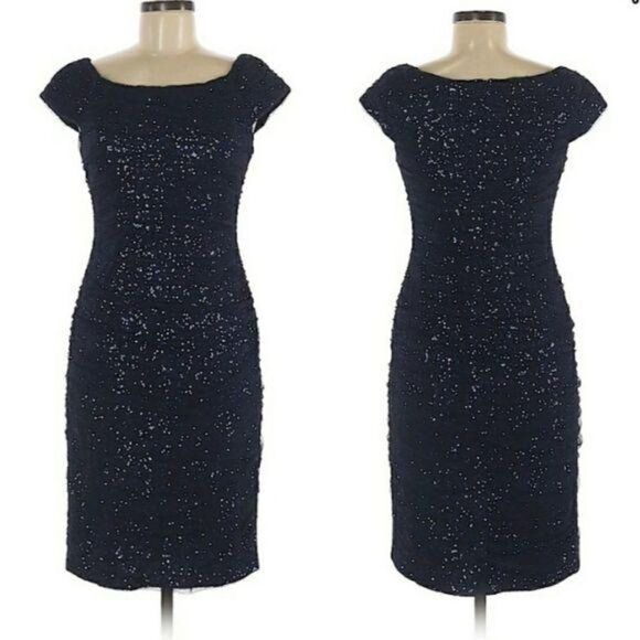 Vintage 80's Lauren Dress Mini Bodycon Formal Net Sequin Overlay Ruched Navy 6 - Picture 13 of 13